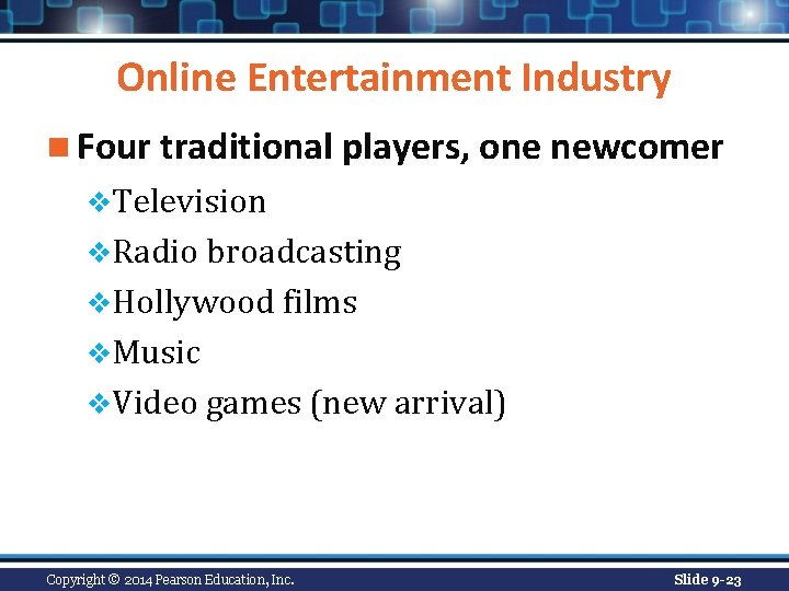 Online Entertainment Industry n Four traditional players, one newcomer v. Television v. Radio broadcasting