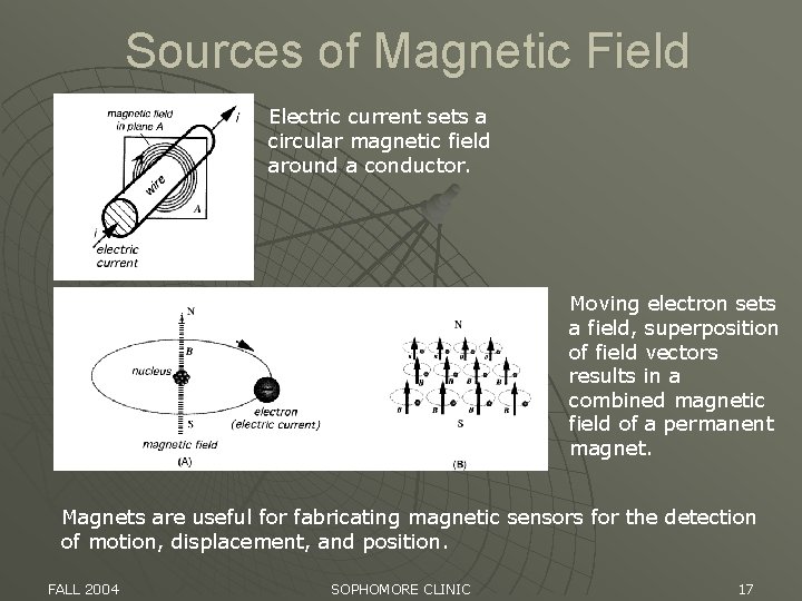 Sources of Magnetic Field Electric current sets a circular magnetic field around a conductor.