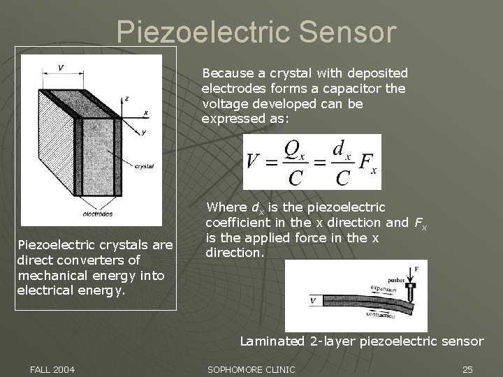 Piezoelectric Sensor Because a crystal with deposited electrodes forms a capacitor the voltage developed