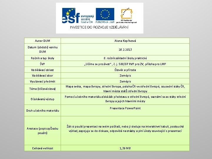 Autor DUM Alena Kopřivová Datum (období) vzniku DUM 28. 2. 2013 Ročník a typ