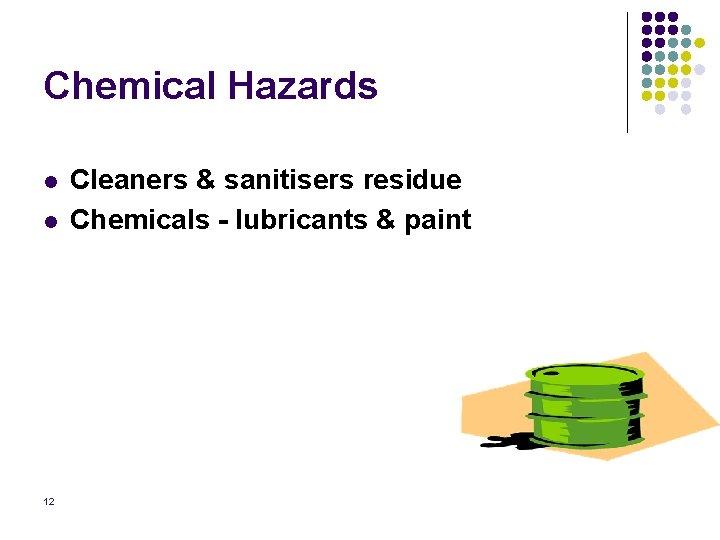 Chemical Hazards l l 12 Cleaners & sanitisers residue Chemicals - lubricants & paint