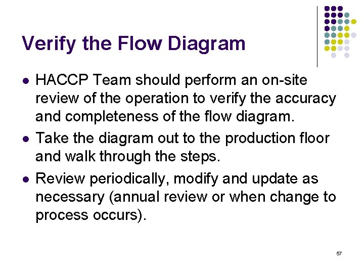 Verify the Flow Diagram l l l HACCP Team should perform an on-site review