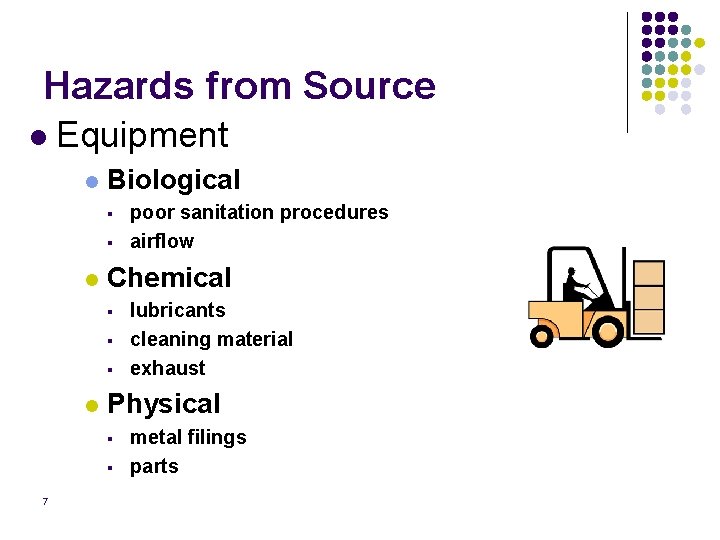 Hazards from Source l Equipment l Biological § § l Chemical § § §