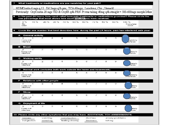 HDMContin 6 mgs q 12. Dil 2 mgs q 2 h prn; TCA 60