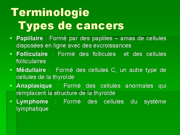 Terminologie Types de cancers § Papillaire : Formé par des papilles – amas de