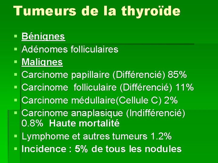 Tumeurs de la thyroïde § § § § Bénignes Adénomes folliculaires Malignes Carcinome papillaire