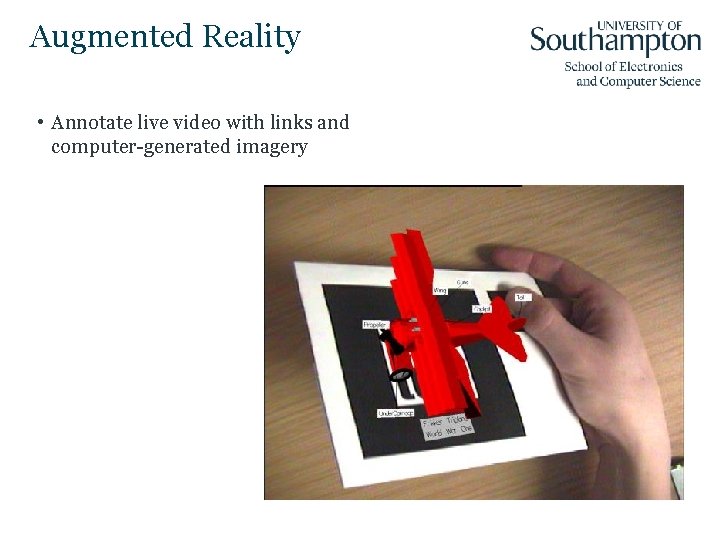 Augmented Reality • Annotate live video with links and computer-generated imagery 