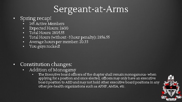 Sergeant-at-Arms • Spring recap! • Constitution changes: • • 145 Active Members Expected Hours: