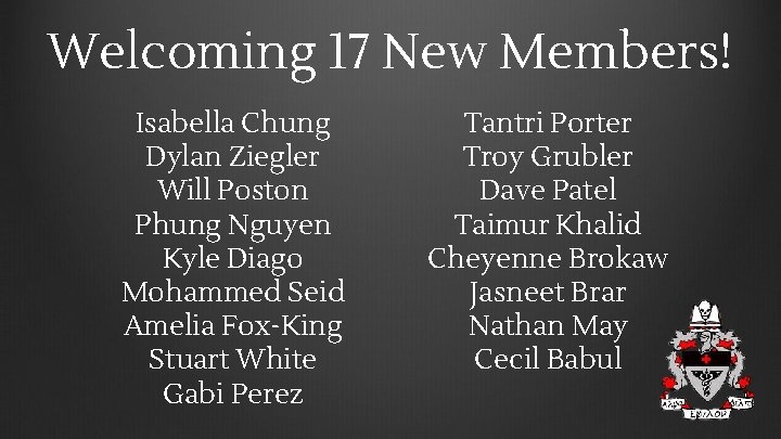 Welcoming 17 New Members! Isabella Chung Dylan Ziegler Will Poston Phung Nguyen Kyle Diago