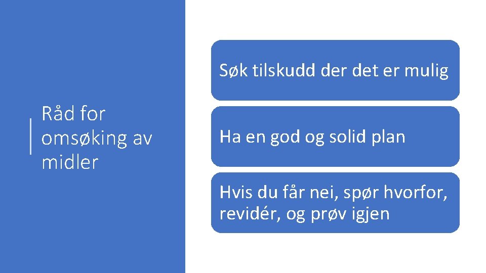 Søk tilskudd der det er mulig Råd for omsøking av midler Ha en god