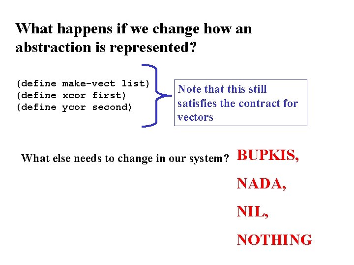 What happens if we change how an abstraction is represented? (define make-vect list) (define