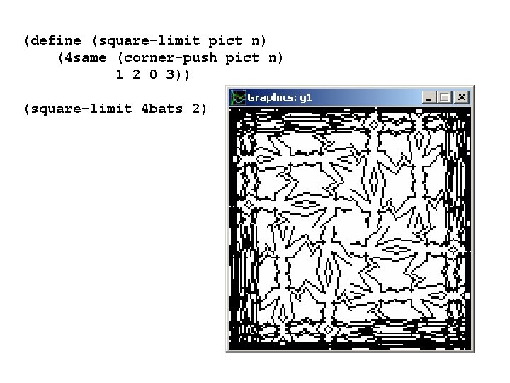 (define (square-limit pict n) (4 same (corner-push pict n) 1 2 0 3)) (square-limit