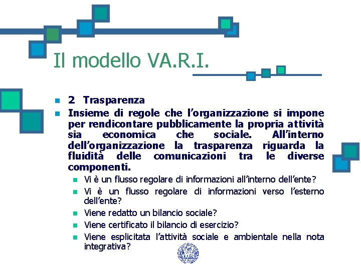 Il modello VA. R. I. n n 2 Trasparenza Insieme di regole che l’organizzazione