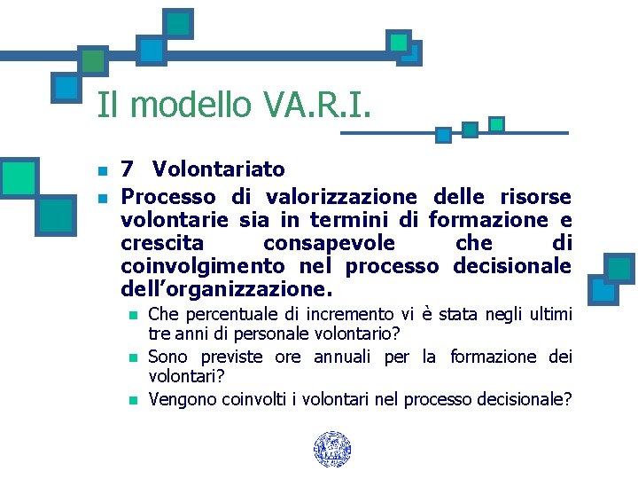 Il modello VA. R. I. n n 7 Volontariato Processo di valorizzazione delle risorse