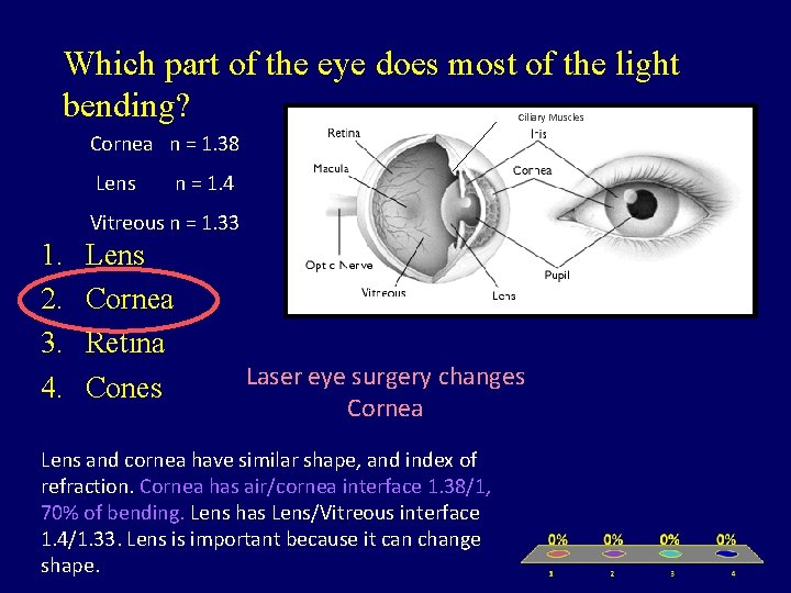 Which part of the eye does most of the light bending? Ciliary Muscles Cornea