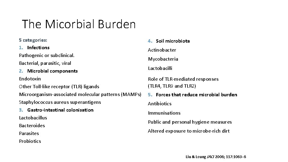 The Micorbial Burden 5 categories: 1. Infections Pathogenic or subclinical. Bacterial, parasitic, viral 2.