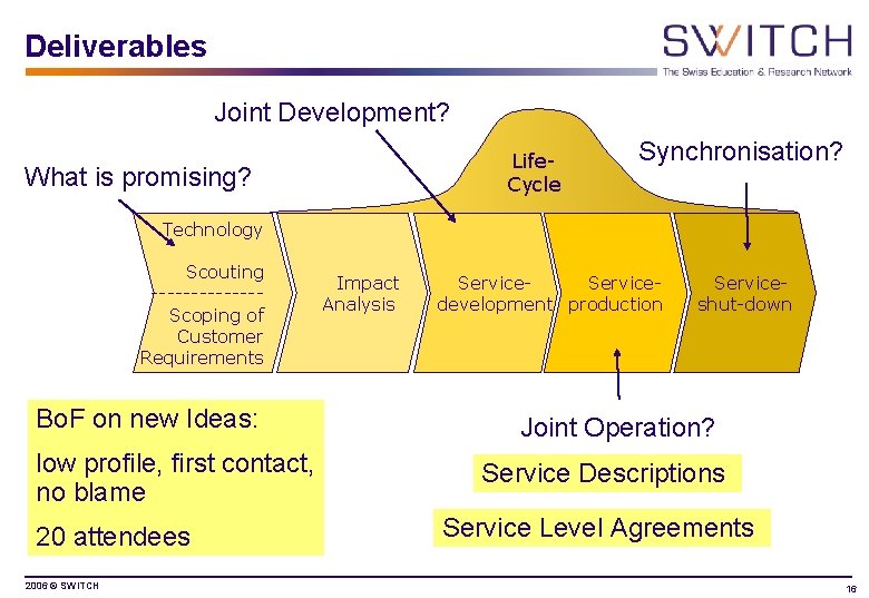 Deliverables Joint Development? Life. Cycle What is promising? Synchronisation? Technology Scouting -------Scoping of Customer