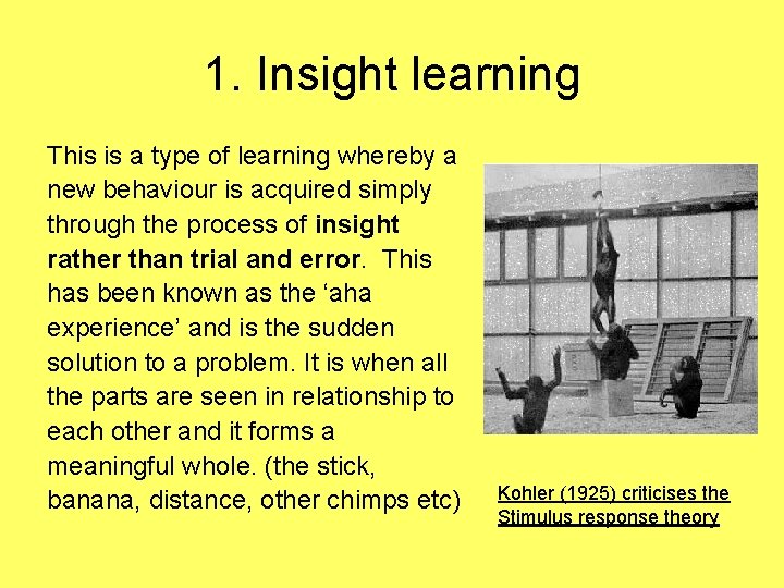 1. Insight learning This is a type of learning whereby a new behaviour is