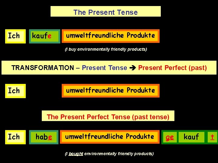 The Present Tense Ich kaufe umweltfreundliche Produkte (I buy environmentally friendly products) TRANSFORMATION –