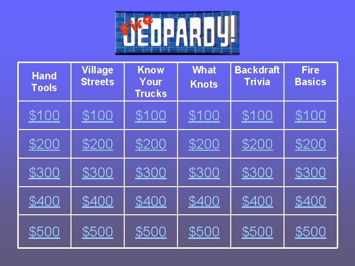 Village Streets Know Your Trucks What Knots Backdraft Trivia Fire Basics $100 $100 $200