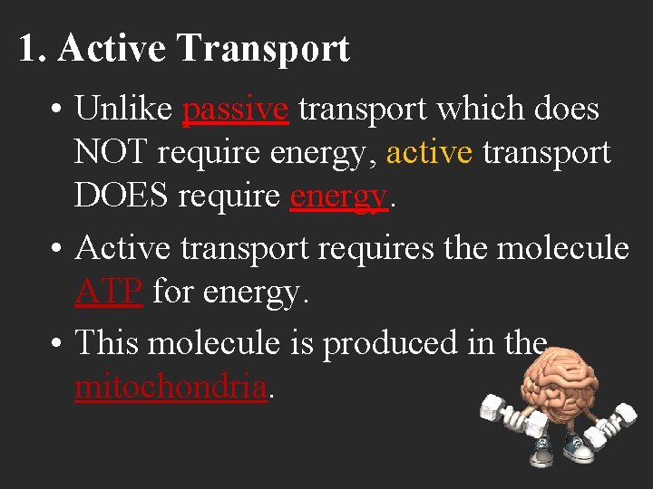 1. Active Transport • Unlike passive transport which does NOT require energy, active transport
