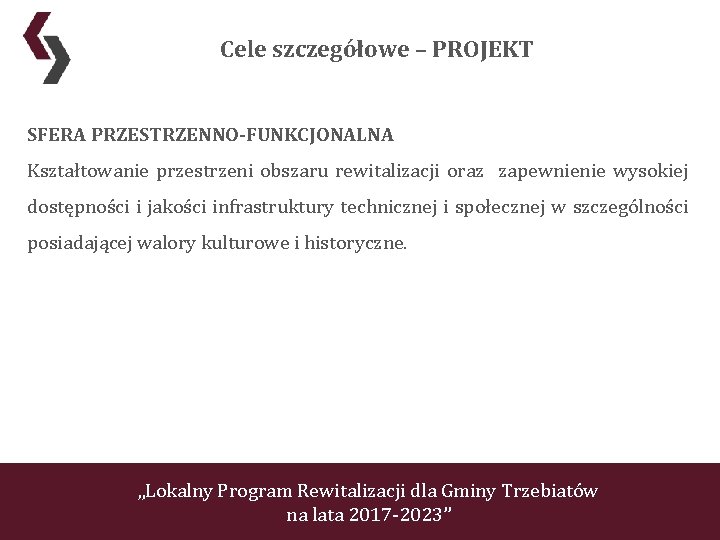 Cele szczegółowe – PROJEKT SFERA PRZESTRZENNO-FUNKCJONALNA Kształtowanie przestrzeni obszaru rewitalizacji oraz zapewnienie wysokiej dostępności