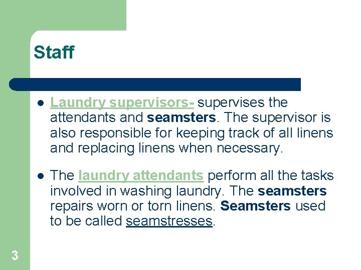 Staff 3 l Laundry supervisors- supervises the attendants and seamsters. The supervisor is also