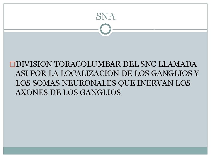 SNA �DIVISION TORACOLUMBAR DEL SNC LLAMADA ASI POR LA LOCALIZACION DE LOS GANGLIOS Y SNA �DIVISION TORACOLUMBAR DEL SNC LLAMADA ASI POR LA LOCALIZACION DE LOS GANGLIOS Y