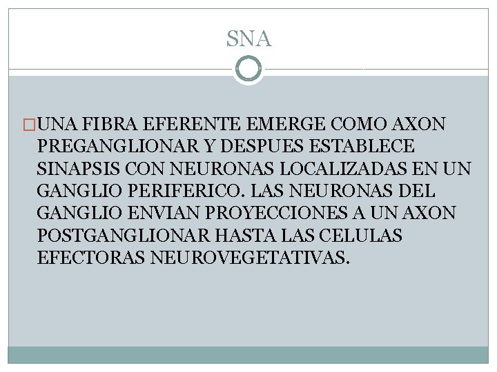 SNA �UNA FIBRA EFERENTE EMERGE COMO AXON PREGANGLIONAR Y DESPUES ESTABLECE SINAPSIS CON NEURONAS SNA �UNA FIBRA EFERENTE EMERGE COMO AXON PREGANGLIONAR Y DESPUES ESTABLECE SINAPSIS CON NEURONAS