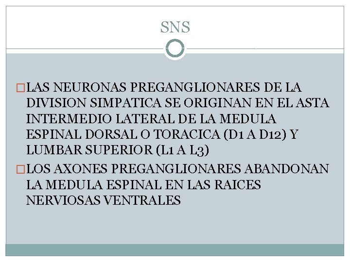 SNS �LAS NEURONAS PREGANGLIONARES DE LA DIVISION SIMPATICA SE ORIGINAN EN EL ASTA INTERMEDIO SNS �LAS NEURONAS PREGANGLIONARES DE LA DIVISION SIMPATICA SE ORIGINAN EN EL ASTA INTERMEDIO
