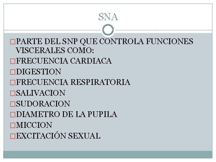 SNA �PARTE DEL SNP QUE CONTROLA FUNCIONES VISCERALES COMO: �FRECUENCIA CARDIACA �DIGESTION �FRECUENCIA RESPIRATORIA SNA �PARTE DEL SNP QUE CONTROLA FUNCIONES VISCERALES COMO: �FRECUENCIA CARDIACA �DIGESTION �FRECUENCIA RESPIRATORIA