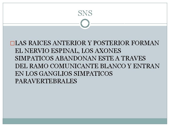SNS �LAS RAICES ANTERIOR Y POSTERIOR FORMAN EL NERVIO ESPINAL, LOS AXONES SIMPATICOS ABANDONAN SNS �LAS RAICES ANTERIOR Y POSTERIOR FORMAN EL NERVIO ESPINAL, LOS AXONES SIMPATICOS ABANDONAN