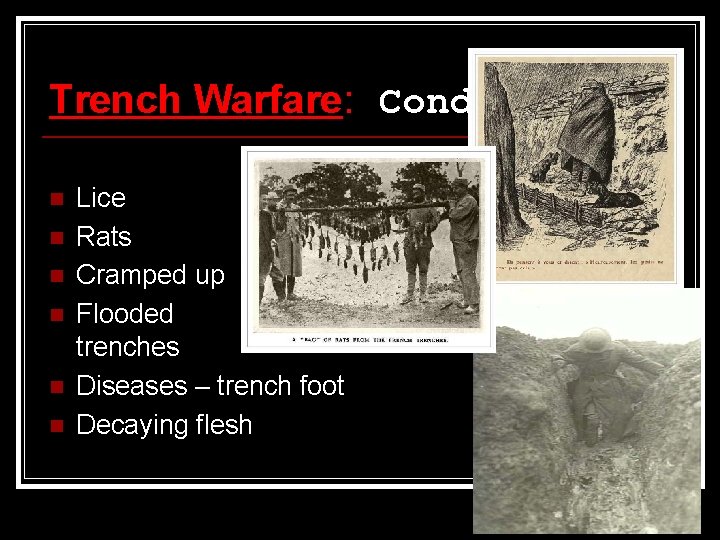 Trench Warfare: Conditions n n n Lice Rats Cramped up Flooded trenches Diseases –