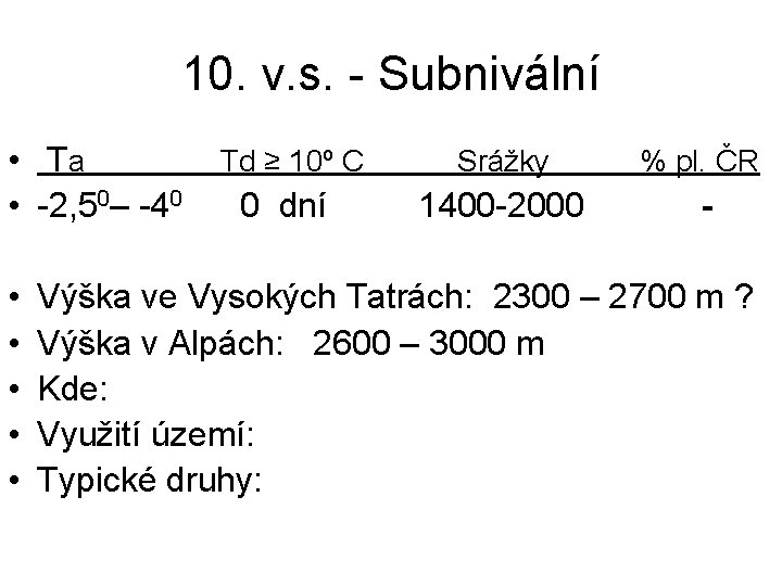 10. v. s. - Subnivální • Ta • -2, 50– -40 • • •