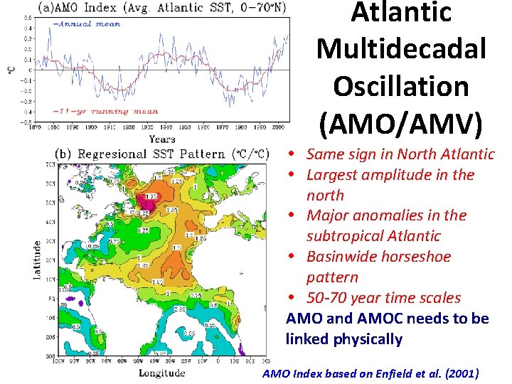 Atlantic Multidecadal Oscillation (AMO/AMV) Same sign in North Atlantic Largest amplitude in the north