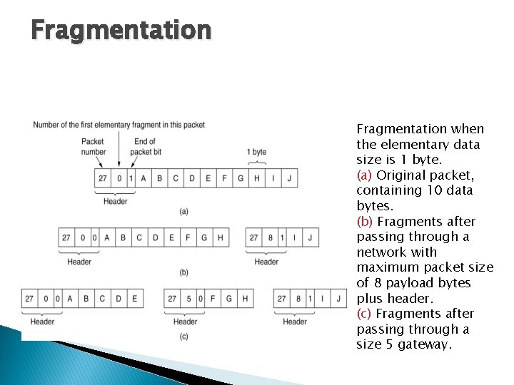Fragmentation when the elementary data size is 1 byte. (a) Original packet, containing 10 Fragmentation when the elementary data size is 1 byte. (a) Original packet, containing 10