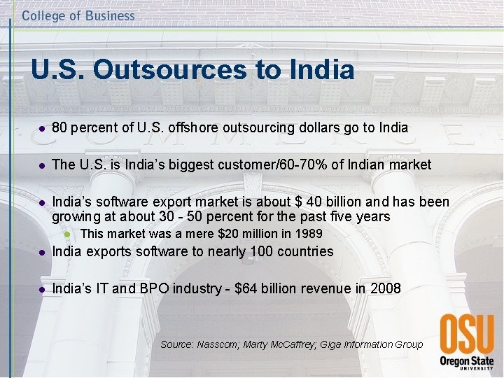 U. S. Outsources to India l 80 percent of U. S. offshore outsourcing dollars