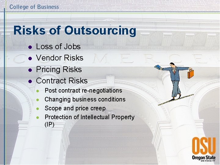 Risks of Outsourcing l l Loss of Jobs Vendor Risks Pricing Risks Contract Risks