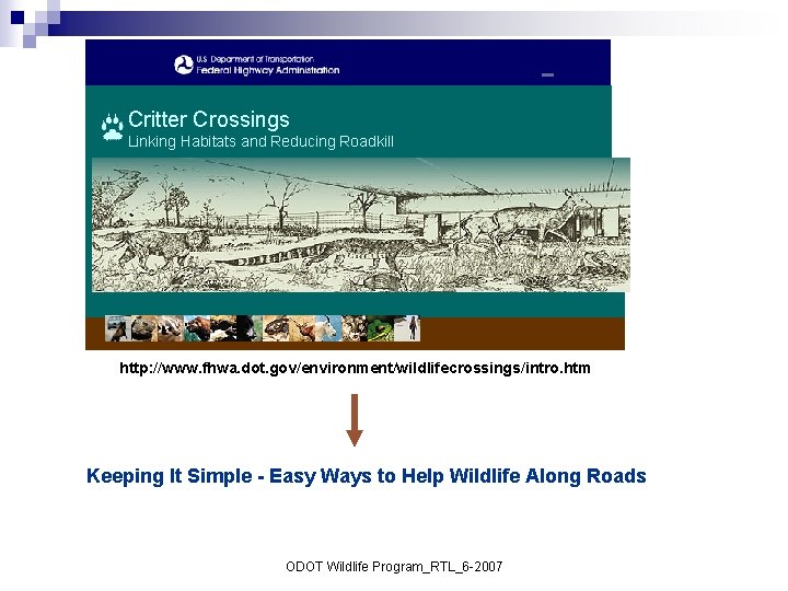  Critter Crossings Linking Habitats and Reducing Roadkill http: //www. fhwa. dot. gov/environment/wildlifecrossings/intro. htm