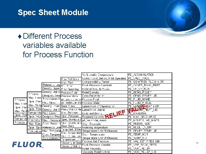 Spec Sheet Module ♦ Different Process variables available for Process Function AVfilename. ppt 24