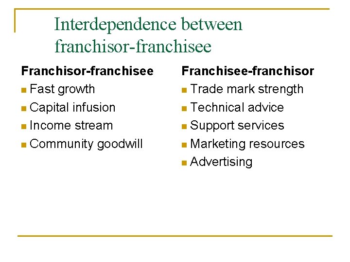 Interdependence between franchisor-franchisee Franchisor-franchisee n Fast growth n Capital infusion n Income stream n