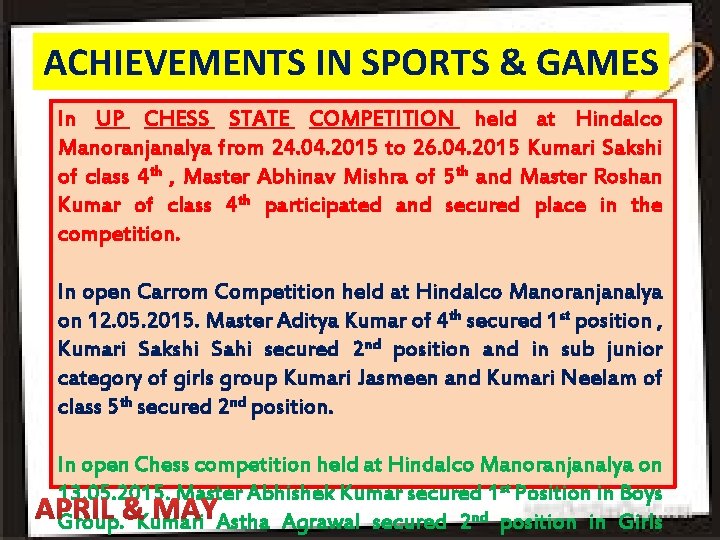 ACHIEVEMENTS IN SPORTS & GAMES In UP CHESS STATE COMPETITION held at Hindalco Manoranjanalya