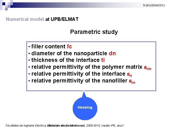 Nanodielectrici Numerical model at UPB/ELMAT Parametric study • • • filler content fc diameter