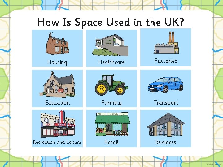 How Is Space Used in the UK? Housing Healthcare Factories Education Farming Transport Recreation