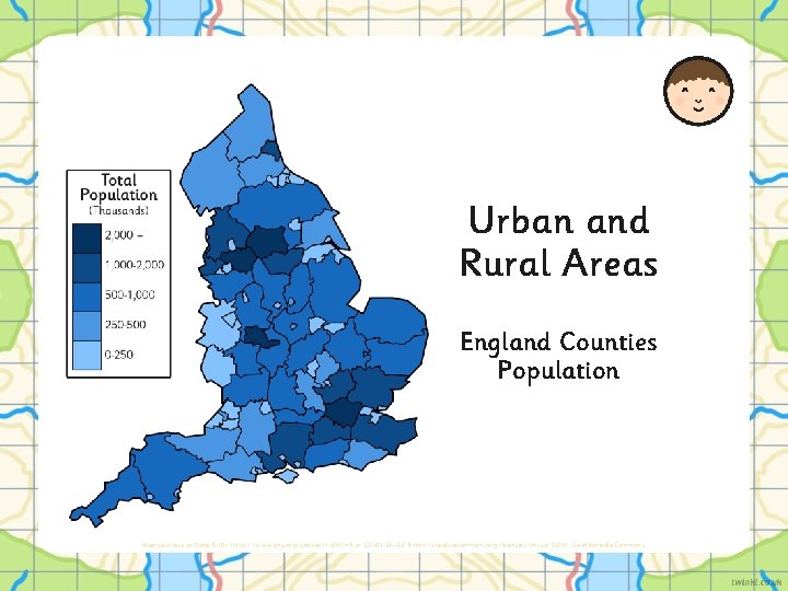 Urban and Rural Areas England Counties Population Map courtesy of Roke [GFDL (http: //www.