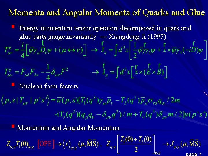 Momenta and Angular Momenta of Quarks and Glue § Energy momentum tensor operators decomposed