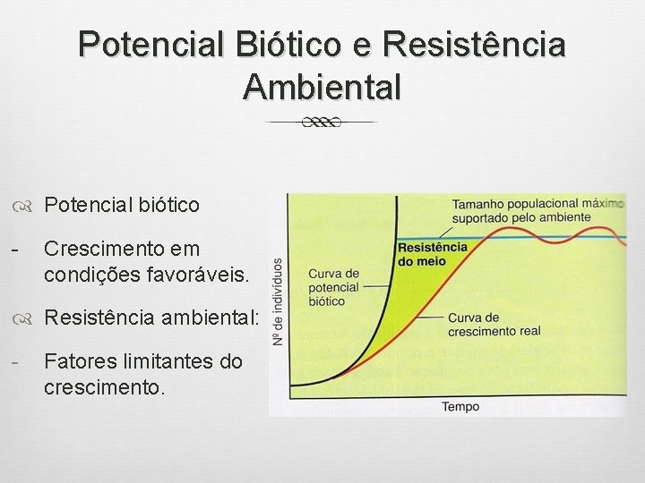 Potencial Biótico e Resistência Ambiental Potencial biótico - Crescimento em condições favoráveis. Resistência ambiental: