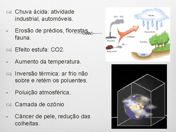  Chuva ácida: atividade industrial, automóveis. - Erosão de prédios, florestas, fauna. Efeito estufa: