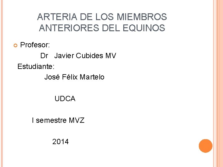 ARTERIA DE LOS MIEMBROS ANTERIORES DEL EQUINOS Profesor: Dr Javier Cubides MV Estudiante: José