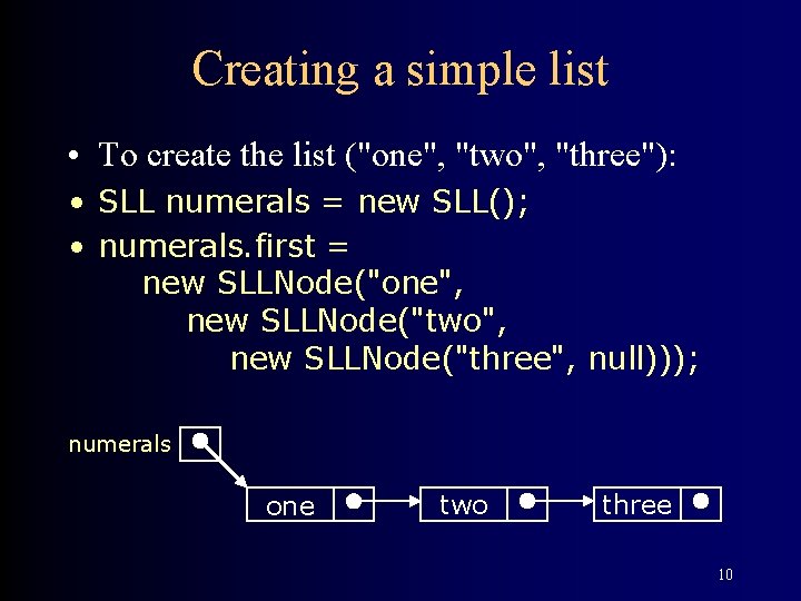 Creating a simple list • To create the list ("one", "two", "three"): • SLL